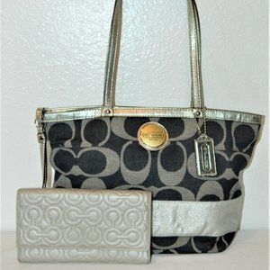 Coach Denim and Silver Zip Tote with Wallet
